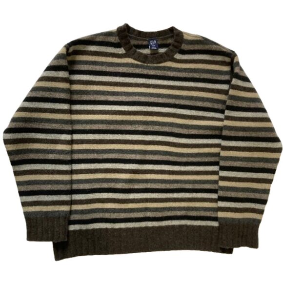 Gap Men's Lambswool Sweater Vintage Striped Crew Neck Mostly Browns, sz Medium - Picture 2 of 11